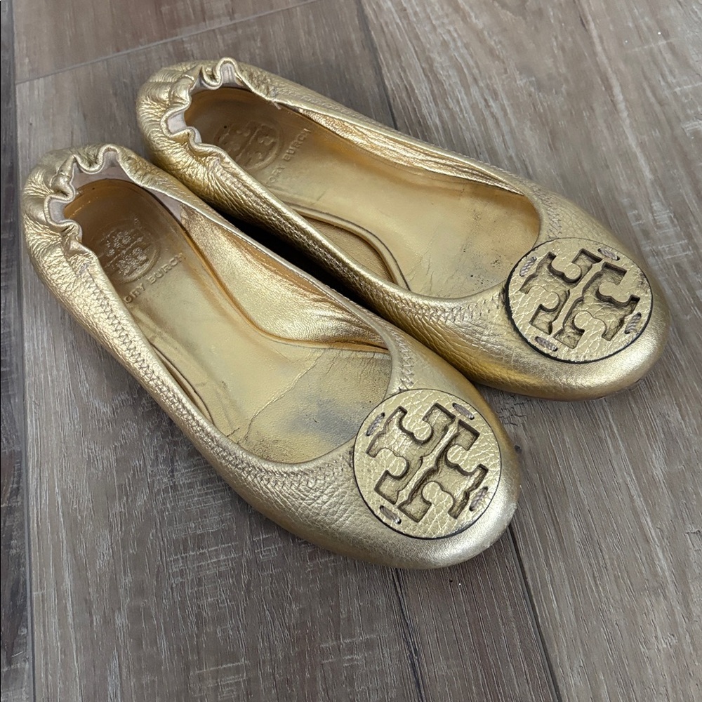 Tory Burch Metallic Gold Leather Logo Ballet Flats - Picture 8 of 10